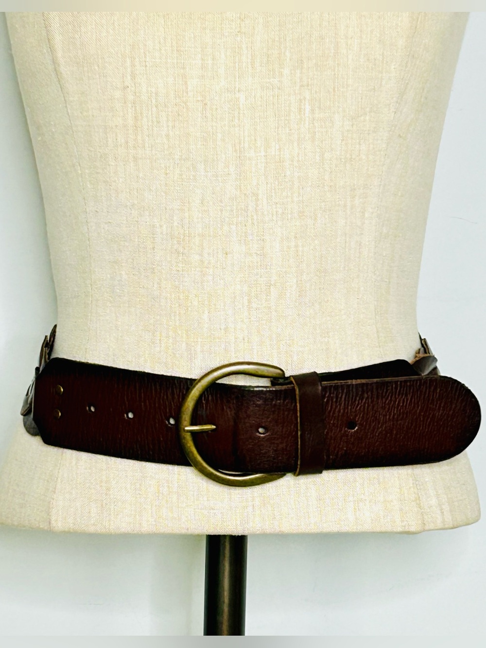 American Eagle Brown Leather Boho Woven Belt Brass Buckle ~40” Long